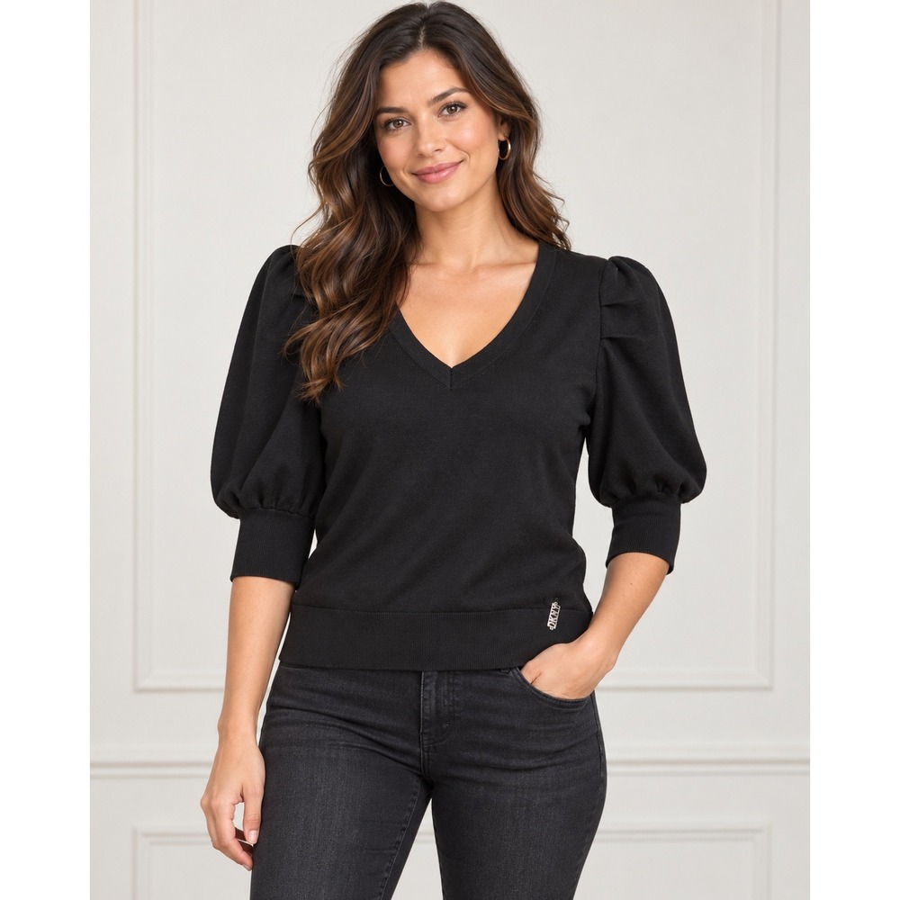 DKNY Puff Sleeve Knit Top Women Large Black Excellent V-Neck Rayon Blend